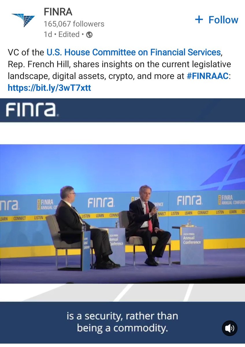 Why hasn't @FINRA posted this clip with Rep French Hill on their X account? Is it because he appears to criticize @GaryGensler's regulatory approach to crypto? How can FINRA even put on a conference when there's thousands of investors calling you out for acting outside of your