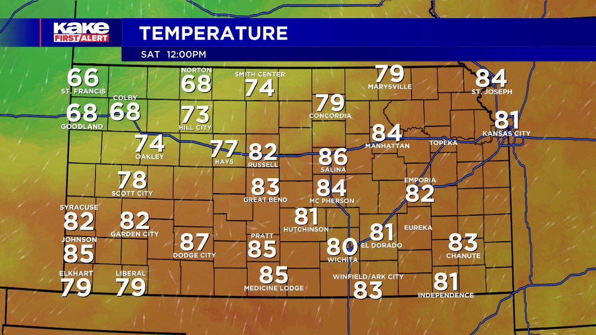 Lunch-time temperatures across Kansas at Noon. #KSwx