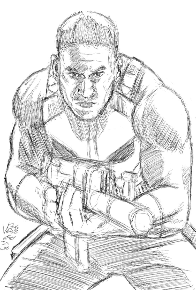 More sketch progress on my @jonnybernthal #Punisher piece. Need to finish his hands and gun still. Always loved Jim Lee's original cover. #WIP #fanart #Marvel