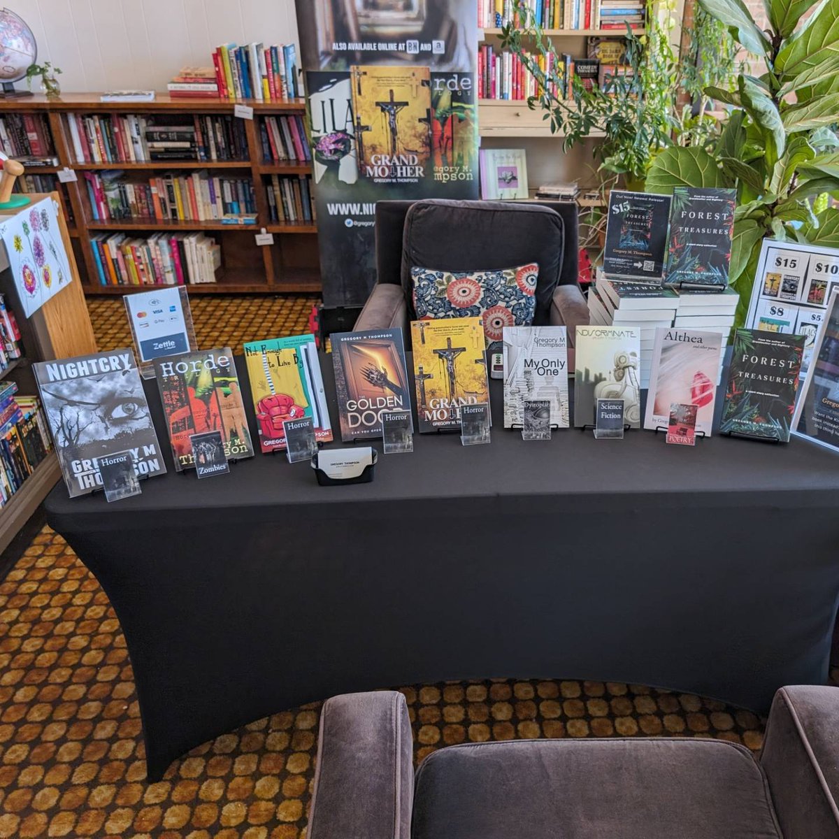 All set up at Rubber Rose Books &amp; Print until 3. Come on down! The stack of Forest Treasures books need good homes! #books #horror #authorappearance #sciencefiction #booksigning