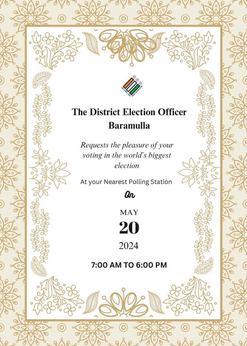 #LokSabhaElections2024 #SaveTheDate #20thMay #ElectionDay #EveryVoteCounts DEO Baramulla @mingasherpa urges to all the eligibile voters of 1-Baramulla PC to exercise their right to vote on 20th May. @ECISVEEP @ceo_UTJK @diprjk @PIBSrinagar @ddnewsSrinagar