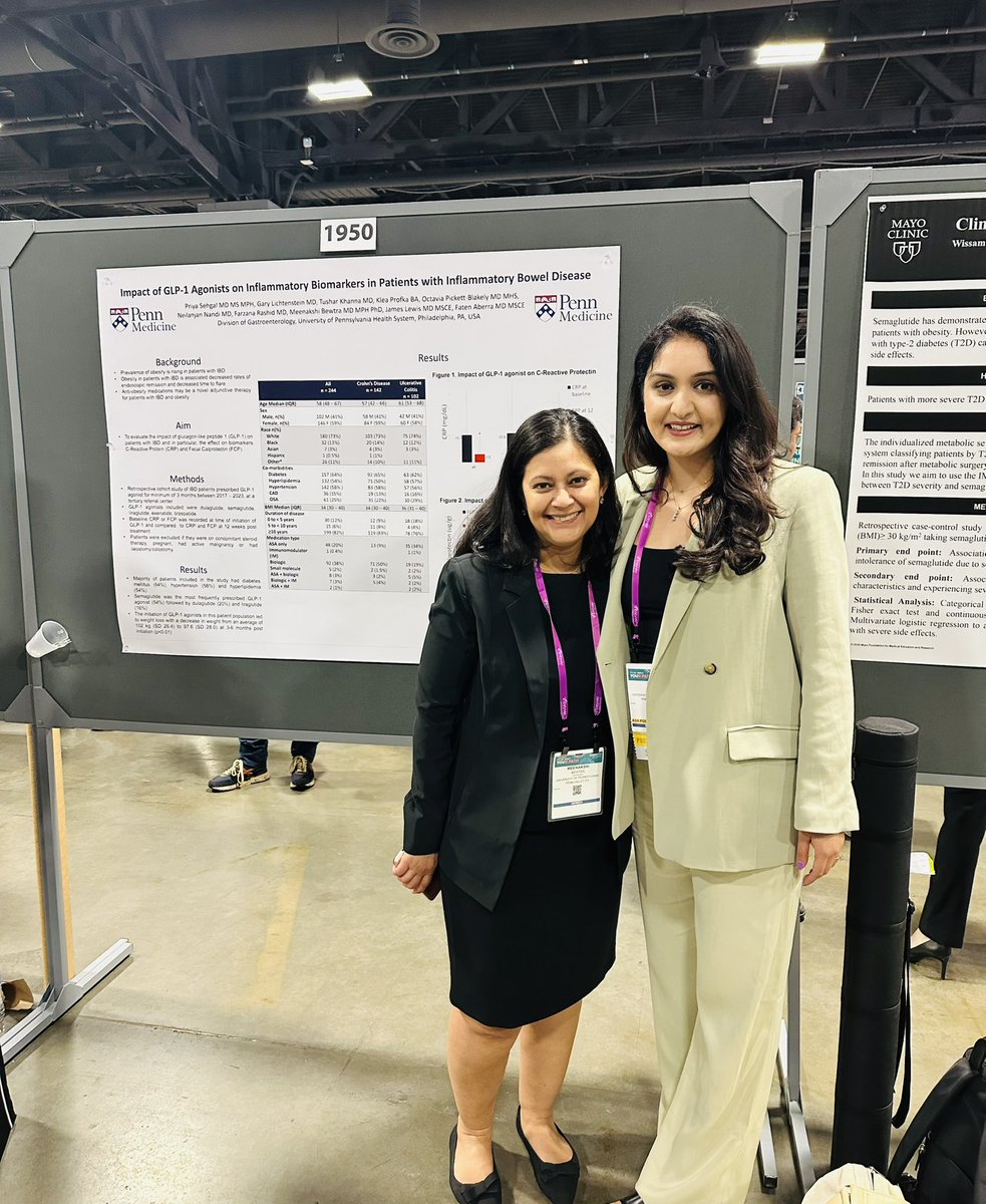 So grateful for your mentorship @DrsMeena. Come check out our poster on impact of GLP1 agonist on inflammatory biomarkers in patients with IBD. 🔑 Statistically significant decrease in CRP from baseline to 3 months on GLP1 therapy. #DDW2024 @penngihep