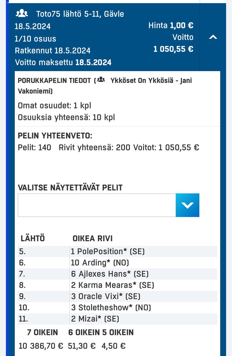Kiitos loistavasti laaditusta pelistä @22Vaxi Gävleen! Eurolla yli 1000 euron voitto - ja vieläpä kahdella pelilapulla! #ravit #toto