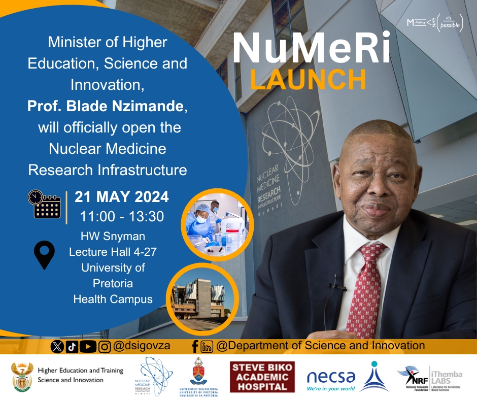 Prof. Nzimande will officially open #NuMeRi which houses a cyclotron that will produce isotopes used in radiation therapy. NuMeRi will provide consolidated expertise in nuclear technologies in medicine and biosciences. Read more: bit.ly/3V1zgC4 #SouthAfrica #Itspossible