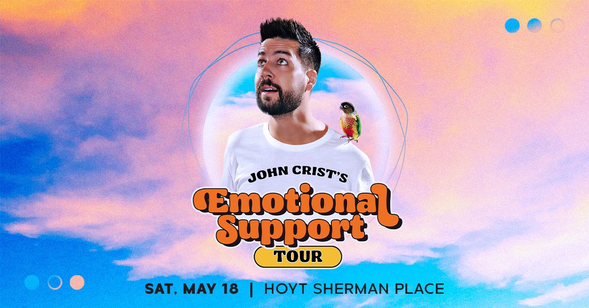 Tonight! See comedian @johnbcrist’s Emotional Support Tour at 7:00 at Hoyt Sherman Place. Tickets are available at the venue box office and hoytsherman.org/event/john-cri…