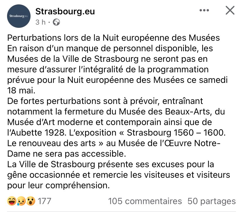 La gestion des musées de @strasbourg, ce running gag permanent ! Cette maire écolo est vraiment trop forte : après la fermeture entre midi et deux et plusieurs jours par semaine, la fermeture lors du grand rdv annuel européen…