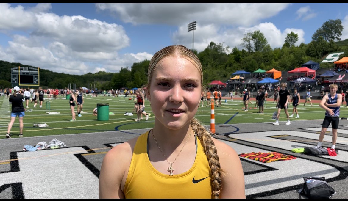 One and done at 5 feet, 5-2 and 5-4 was enough for @milenasciullo11 of @GC_EaglesTrack to clinch gold in the Class AA high jump at @PIAADistrict10 . The sophomore, who is PA#3 on the year, then had a couple good looks at 5-7. @PennTrackXC