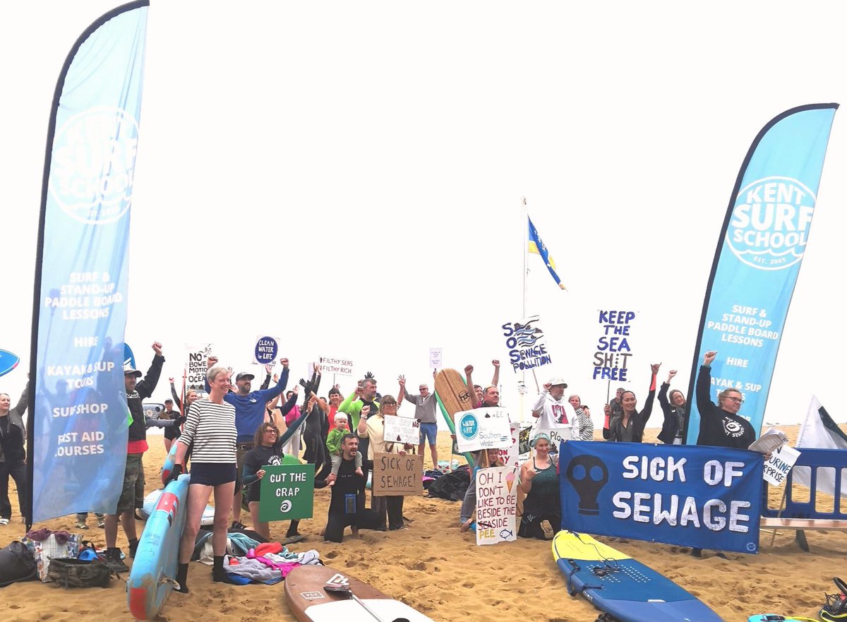 At #vikingbay this morning with @surfersagainstsewage and Thanet residents for the #bigpaddleout protesting the filthy state of our water rivers and seas. It’s bad for our health and economy as well as our environment.