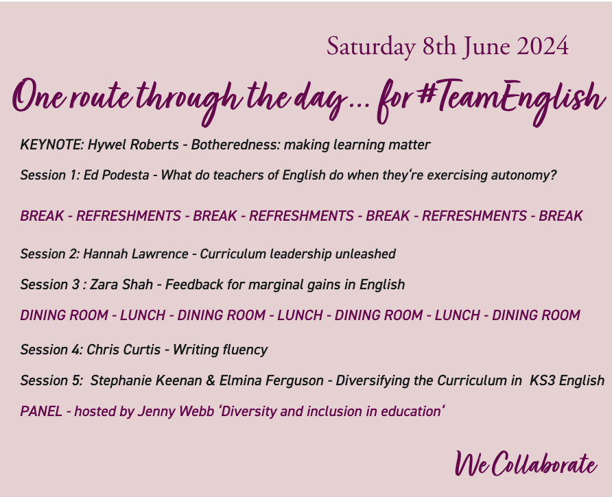 Are you coming to #WeCollaborate24 on June 8th @Team_English1 ? You can have your English hat on all day with @HYWEL_ROBERTS @ed_podesta @MissHLawrence @zssnas @HeadofEnglish @Xris32 Tickets are £35 and free for ITT& ECTs➡️ rmsforgirls.com/wecollaborate/