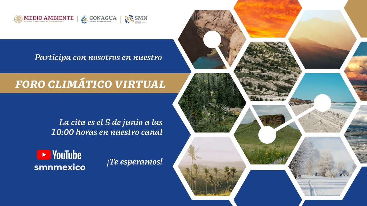 El #SMNmx realizará, a partir del próximo 5 de junio, el Foro Climático Virtual de Verano 2024, en el cual se abordarán los principales fenómenos climatológicos que se presentan en #México, durante esta estación.

Síguelo en nuestro canal smnmexico, de YouTube ⬇️