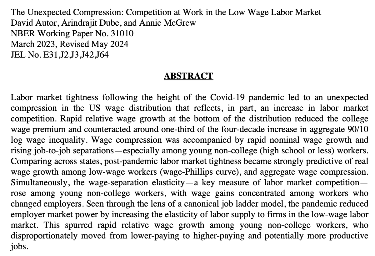 We have an update to our Unexpected Compression paper. Data is still through June 2023, but there are additional analyses and improved estimates. I list a few of these in the thread below.

1/ 
nber.org/system/files/w…