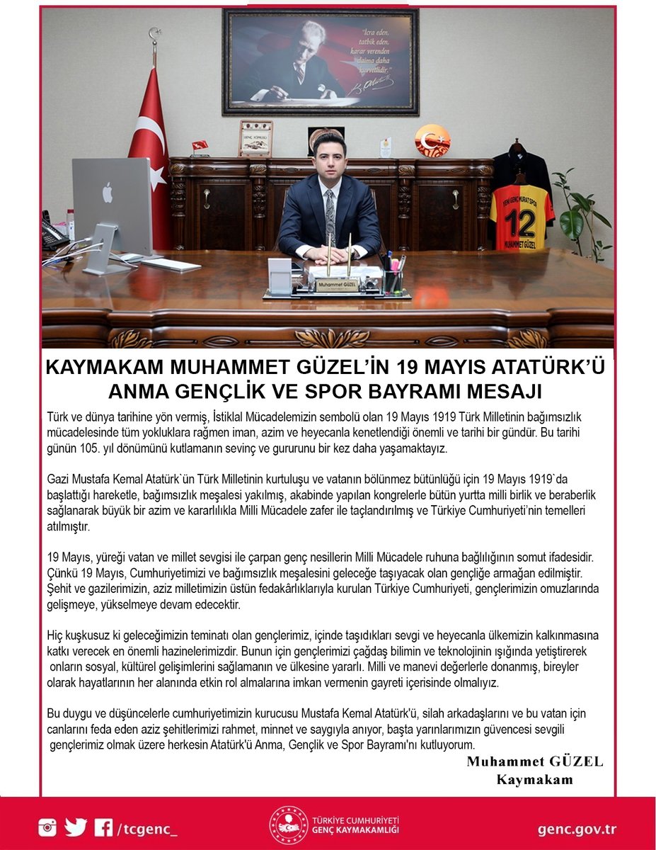 Kaymakamımız Muhammet GÜZEL'in 19 Mayıs Atatürk’ü Anma Gençlik ve Spor Bayramı Mesajı #19Mayıs