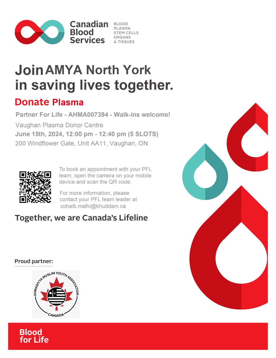 Our Muslim Youth from North York, Toronto chapter of Ahmadiyya Muslim Youth Association Canada, will be donating blood as part of @AMYACanada's nationwide blood drive campaign. 🗓️ 𝐉𝐮𝐧𝐞 𝟏𝟓, 𝟐𝟎𝟐𝟒 🕛 12PM #CanadasLifeLine #Mercy4Mankind #NorthYork #Toronto