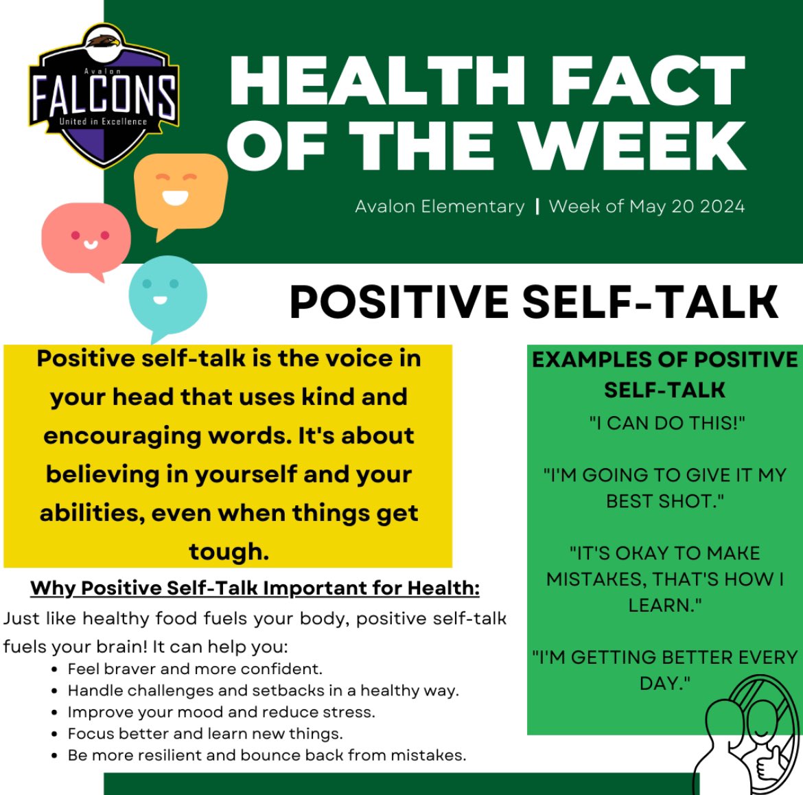 Health Fact of the Week: POSITIVE SELF TALK. Believing in yourself has many health benefits. See flyer for more info. #FalconsUnitedInExcellence #HealthFactoftheWeek2024