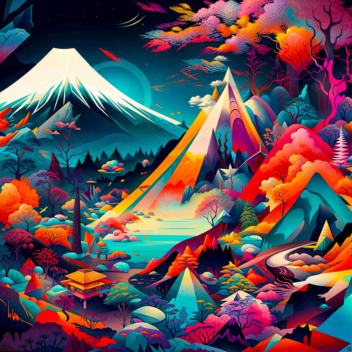 🗻Escape to the Funky Fuji, a colorful valley at the foot of Mount Fuji. #EchoesChromatic #DigitalArt #DigitalCollage