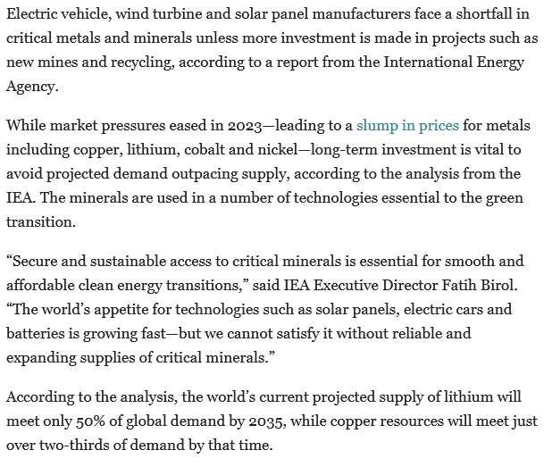 Per WSJ: Green Transition Set to Face Critical #Minerals Shortfall, IEA Says