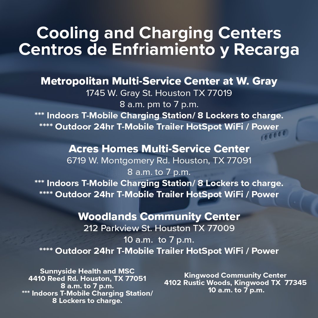 If you're without power and need to charge up your devices, medical equipment, or wheelchairs, etc, swing by our Cooling and Charging Center. We're here for you, because #HoustonTogether, we're stronger. #Here4u #GoHealthyHouston
