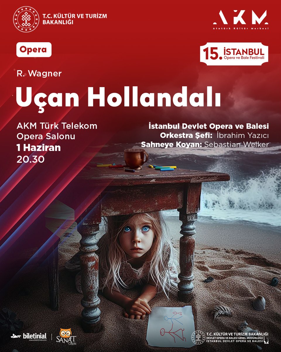 15. Uluslararası İstanbul Opera ve Bale Festivali başlıyor. ✨ R. Wagner’in “Uçan Hollandalı” operası, 1 Haziran Cumartesi akşamı İstanbul Devlet Opera ve Balesi performansıyla İstanbul AKM’de sahnelenecek. Özgün dilde yorumlanacak olan eser, dünyada en çok sahnelenen opera