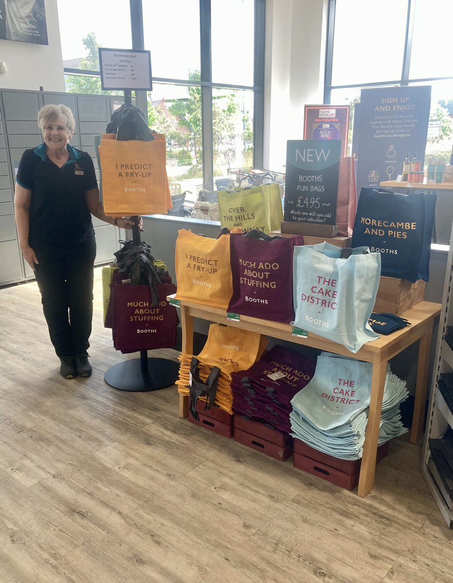 Have you spotted our NEW Booths pun bags yet? 🛍️ 📸 John at Windermere, Barbara at St Annes