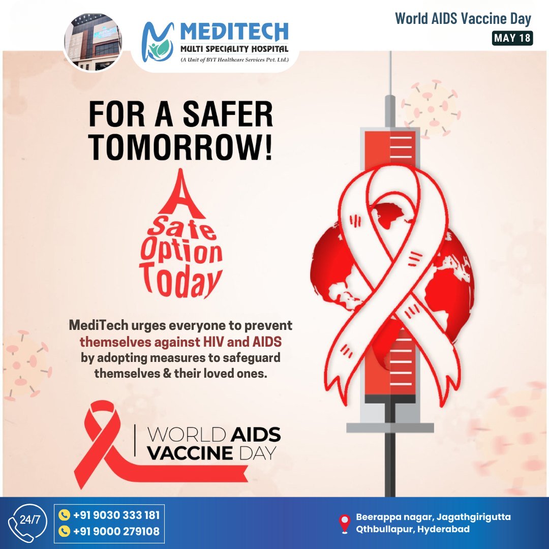 Meditech_hyd's tweet image. For a safer tomorrow, choose a safe option today. 

📞 +91 9030 333 181 / +91 9000 279108
🌐 meditechhospitals.com

#WorldAIDSVaccineDay #HIVPrevention #SafeTomorrow #ProtectYourHealth #AIDSAwareness #MediTechHospital #Healthcare #StaySafe #PreventHIV #HealthyFuture