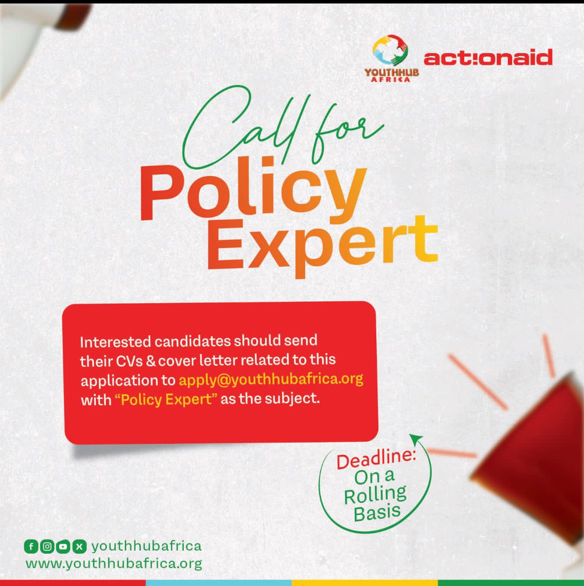 YouthHubAfrica is looking to hire a policy expert!

Interested candidates should send an expression of Interest no later than Monday 20 May 2024, to apply@youthhubafrica.org with “Policy Expert” as the subject.
ActionAid Nigeria
#Youthopportunities