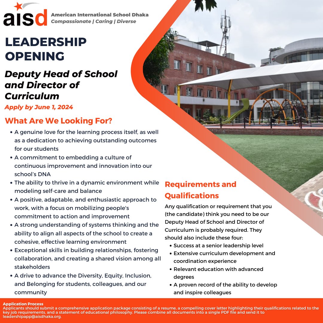 Exciting Opportunity! 📢 @AISDhaka1 is hiring a Deputy Head of School & Director of Curriculum for July 2025! If you’re an innovative leader, we want to hear from you! 🗓️ Apply by: June 1, 2024 📧 Send a single PDF to: leadershipapp@aisdhaka.org #EdLeadership #SchoolLeadership