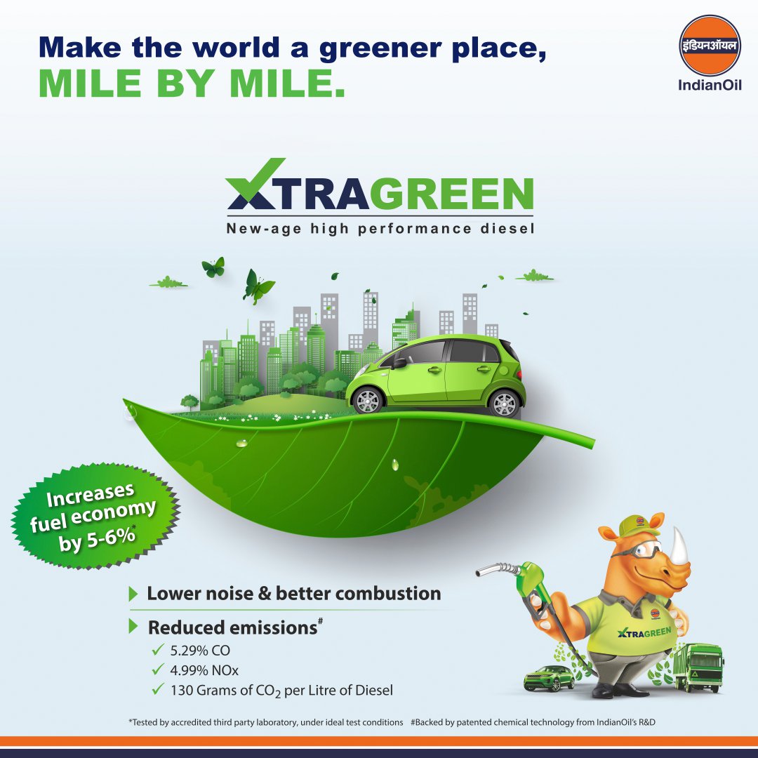 We're making the world a greener place, one step at a time.​ Introducing XTRAGREEN, a new-age high-performance diesel that increases fuel economy by 5-6%*. With reduced emissions and enhanced fuel economy, it makes driving much more satisfying. Get it today!​ #IndianOilRhino