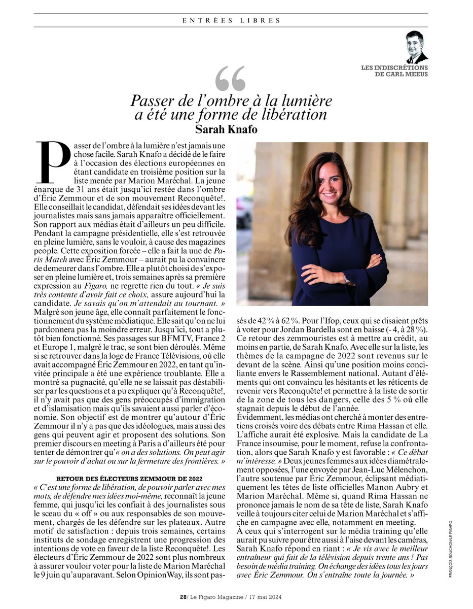 Sarah Knafo dans Le Figaro : « C’est une forme de libération, de pouvoir parler avec mes mots, de défendre mes idées moi-même ».