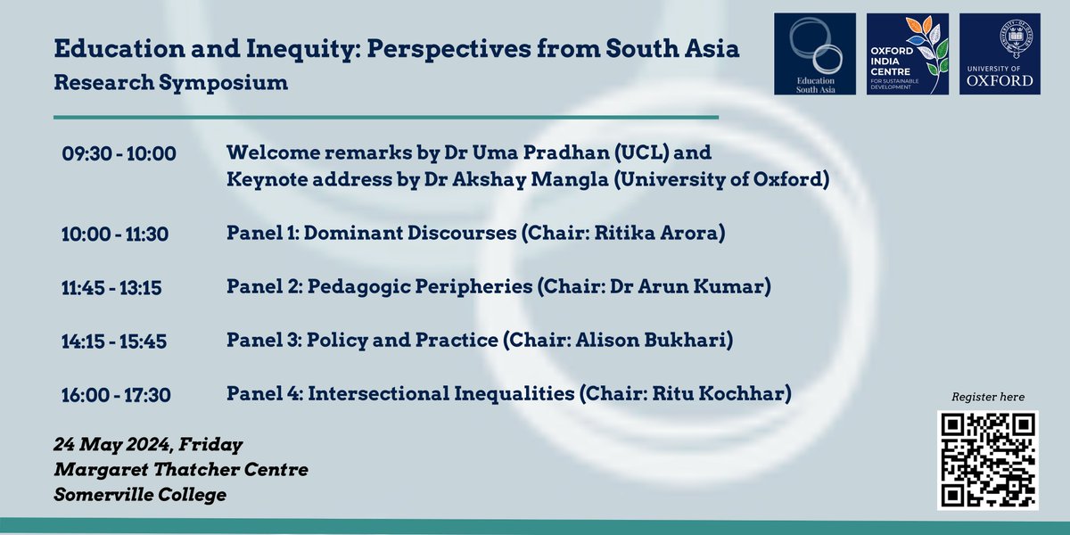 Oxford India Centre for Sustainable Development (@oxindiacentre) on Twitter photo 24th May 2024, Friday
Our research symposium in collaboration with <a href="/EdSouthAsia/">Education.SouthAsia</a> will be hosted at the Margaret Thatcher Centre, <a href="/SomervilleOx/">Somerville College</a>.
Detailed programme here: some.ox.ac.uk/news-events/ev…
Register to attend in person: forms.office.com/e/PKj8BgiMK5 24th May 2024, Friday
Our research symposium in collaboration with <a href="/EdSouthAsia/">Education.SouthAsia</a> will be hosted at the Margaret Thatcher Centre, <a href="/SomervilleOx/">Somerville College</a>.
Detailed programme here: some.ox.ac.uk/news-events/ev…
Register to attend in person: forms.office.com/e/PKj8BgiMK5