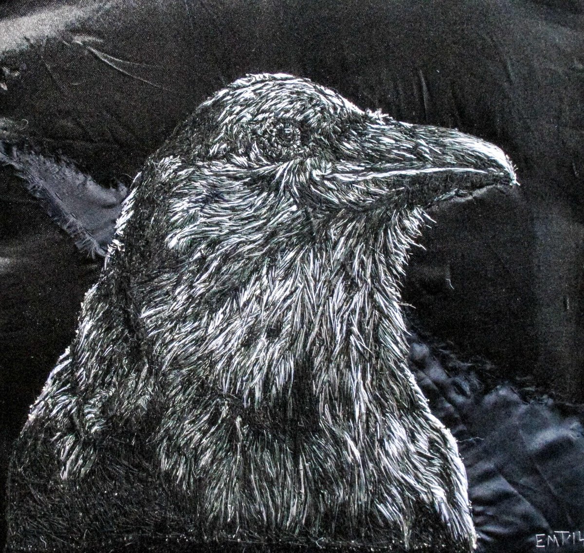 Crow Blacker Than Ever corvid thread painting artwork, created with hand embroidery. Set in a black frame. emilytull.co.uk/store/p4/crow_… #ShopIndie #HandmadeHour