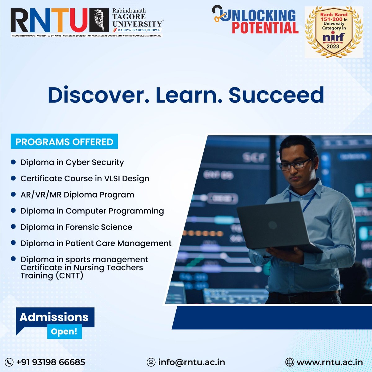RNTUnivBhopal's tweet image. Advance your career with our specialized programs! From Cyber Security to VLSI Design, we offer a range of courses to help you succeed. Apply now while admissions are open and take the next step towards your future!

#CareerBoost #SpecializedPrograms #CyberSecurity #VLSIDesign