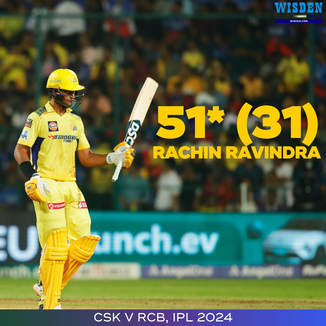 Rachin Ravindra scores his maiden IPL fifty in a crucial run chase. His last eight scores: 2, 12, 15, 21, 0, 1, 27, 51* #RCBvsCSK #IPL2024