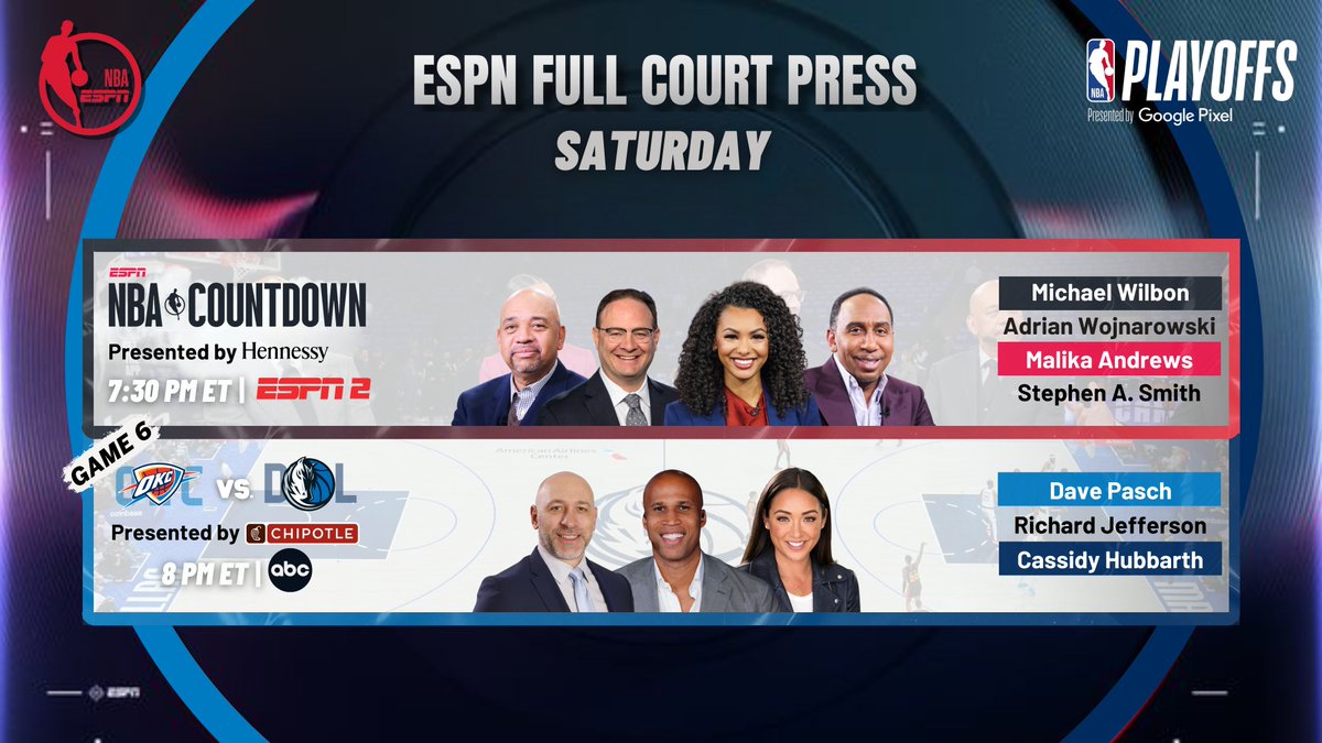 Saturday, @ESPNNBA continues its coverage of the 2024 #NBAPlayoffs with a potential close-out Game 6 Western Conference Semifinal matchup on @ABCNetwork 🏀 7:30p ET | Countdown | ESPN2 🏀 8p ET | #ThunderUp vs #OneForDallas | ABC 🎙️ @DavePasch, @Rjeff24, @CassidyHubbarth