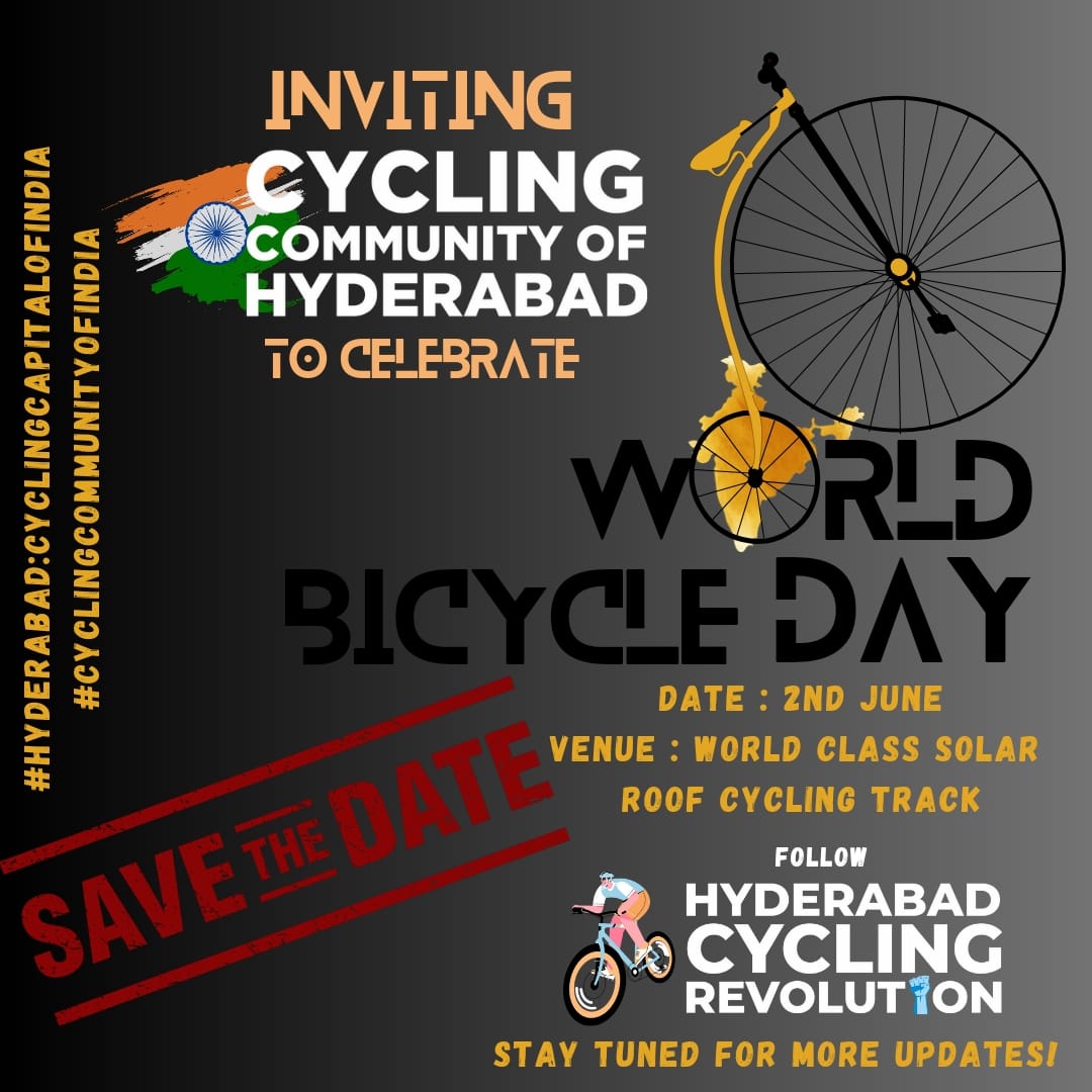 Cycling Community of Hyderabad celebrating #WorldBicycleDay #Hyderabad #Cycling #CyclingCommunityofIndia World Class Solar Cycling Track @HydCyclingTrack @sselvan @BYCS_org @akhil_rao_arc @ManVJp @md_hgcl @healthway11023 @NIUM_Hyd @CoreenaSuares2 @RajaniAmisha @MspFintech