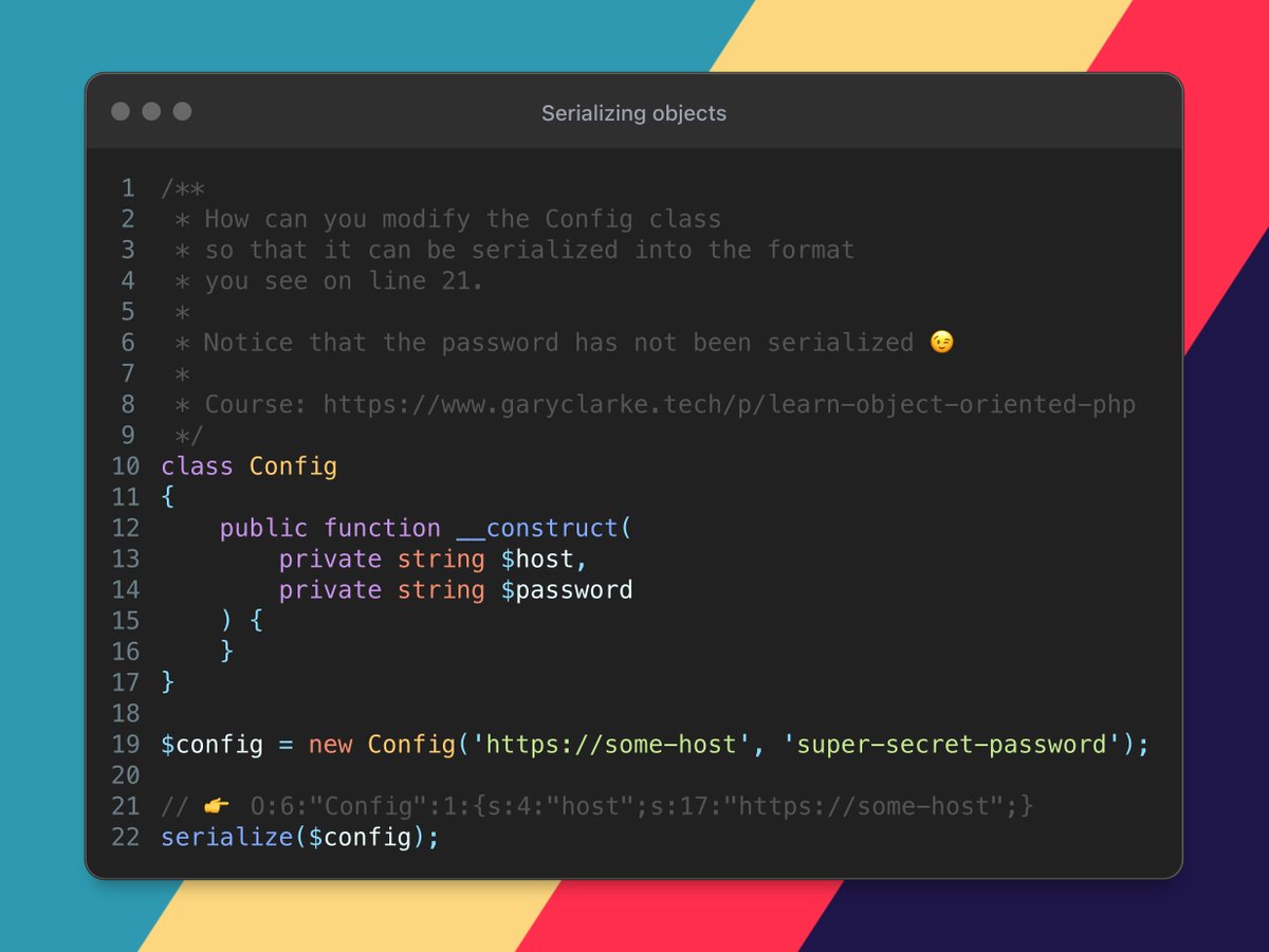 garyclarketech's tweet image. PHP code challenge 🏆

What do I need to do to this Config class to serialize it like in line 21
(👀 check challenge details in code comments)

Prizes..

🧑‍💻 Correct code examples / screenshots = PHP OOP course discount code

GLHF

#PHP #PhpCodeChallenge #DailyCodingProblem