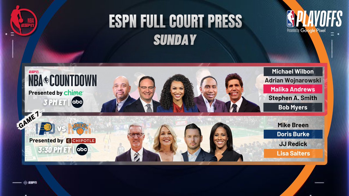 Sunday, @ESPNNBA continues its coverage of the 2024 #NBAPlayoffs with an Eastern Conference Finals birth on the line 🏀 3p ET | Countdown 🏀 3:30p ET | #BoomBaby vs #NewYorkForever 🎙️ Mike Breen, @heydb, @jj_redick, @saltersl