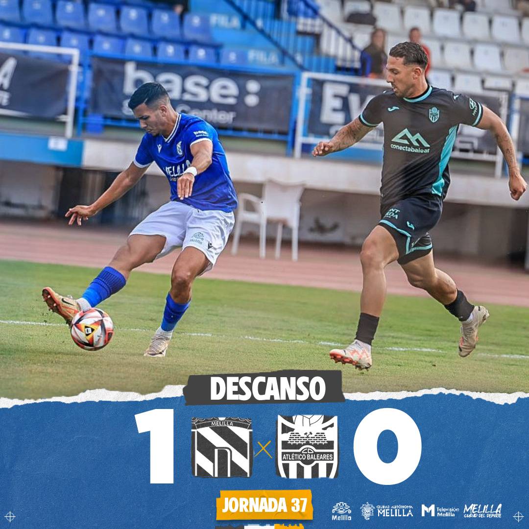UDMelilla's tweet photo. #UDMLive 45' | 1-0
⏸Nos vamos al descanso.
🏆 @Primera_RFEF - Gr. 2 | J37
🏟 Est. Álvarez Claro
💻 @fef_tv
#MelillaATBaleares https://t.co/DZkOosqI7M