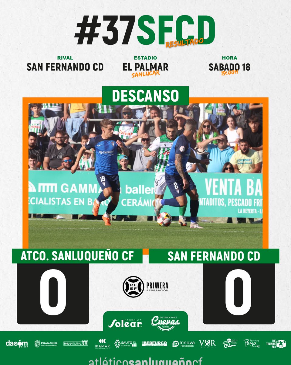 ⚽️⏸️ DESCANSO / 0-0 Final de la 1ª parte en El Palmar con empate en el marcador, contando el Sanluqueño con mejores ocasiones, especialmente las de Joaquín y Airam. ¡Seguimos a tope equipo! 🙌🏻🟢⚪ #SanluqueñoSanFernando
