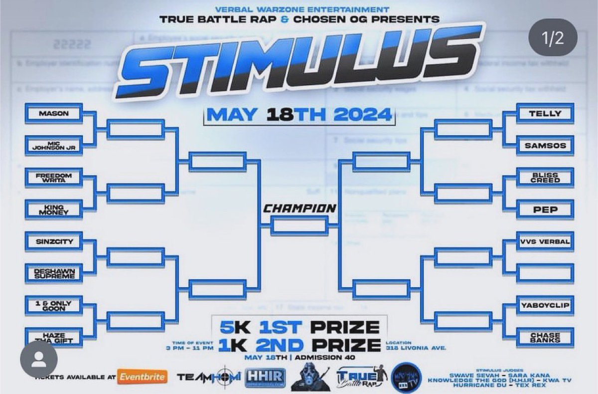 Going down today @VWZENTLLC & @chosen_og presents 💰💰 #Stimulus the #tournament 💰💰 With a $5000.00 on the line in this 2 Part Day 2: Only 16 Artist left competing for the bag!! When: May 18th Where: Brooklyn NY Time: Doors Open at @3pm