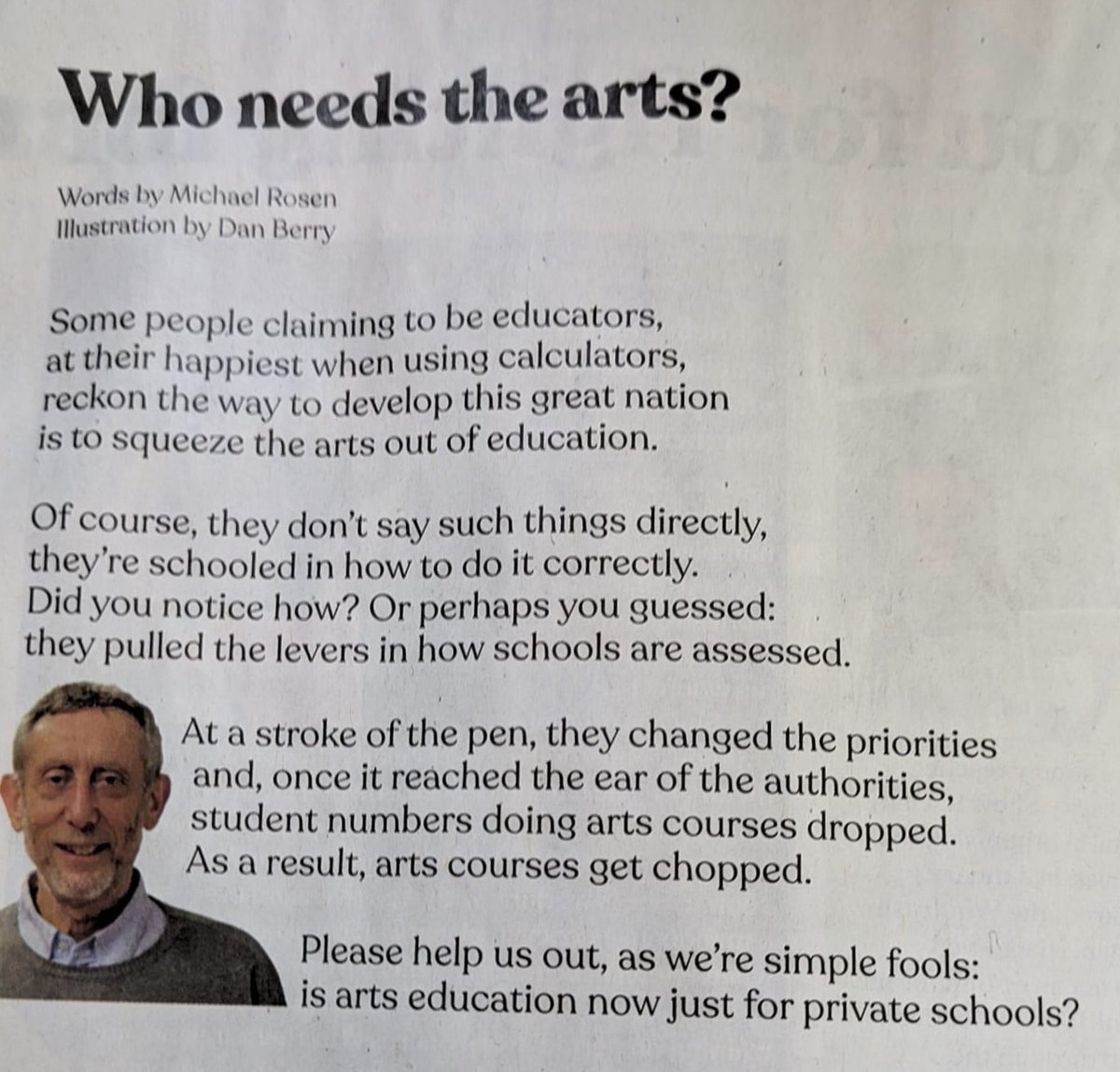 Who needs the Arts? EVERYONE, and certainly all children and young people. 👏🏻 @MichaelRosenYes