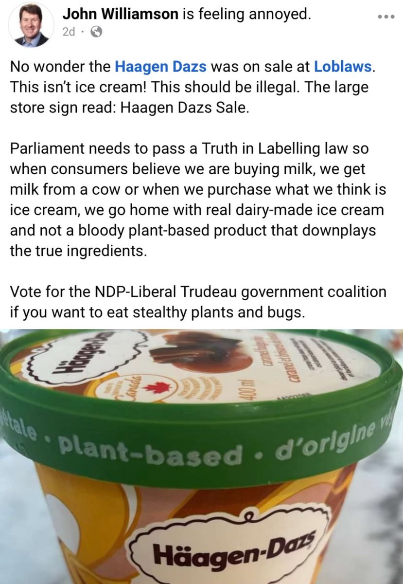 1. This is an actual post from a real Conservative MP. 2. The product says plant-based in large and prominent letters. 3. This is tin foil hat material, unfit for the dark corners of the internet let alone an MP. 4. Bugs aren’t plant-based. 5. The ice cream is delicious.