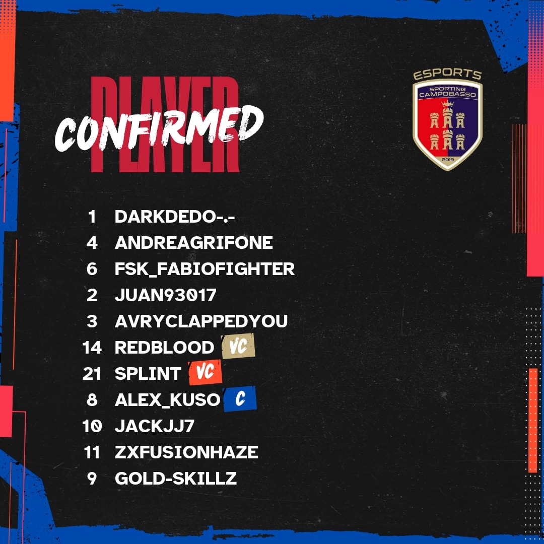 Dopo un annata un po' difficile e sempre alla ricerca della quadra il team eSports comunica chi farà parte della nuova stagione.  Partiamo da questi player per costruire una base solida e una rosa competitiva.. VI STUPIREMO LA NUOVA STAGIONE.. SIAMO GIÀ A LAVORO 🇮🇹 STAY TUNED 🚨