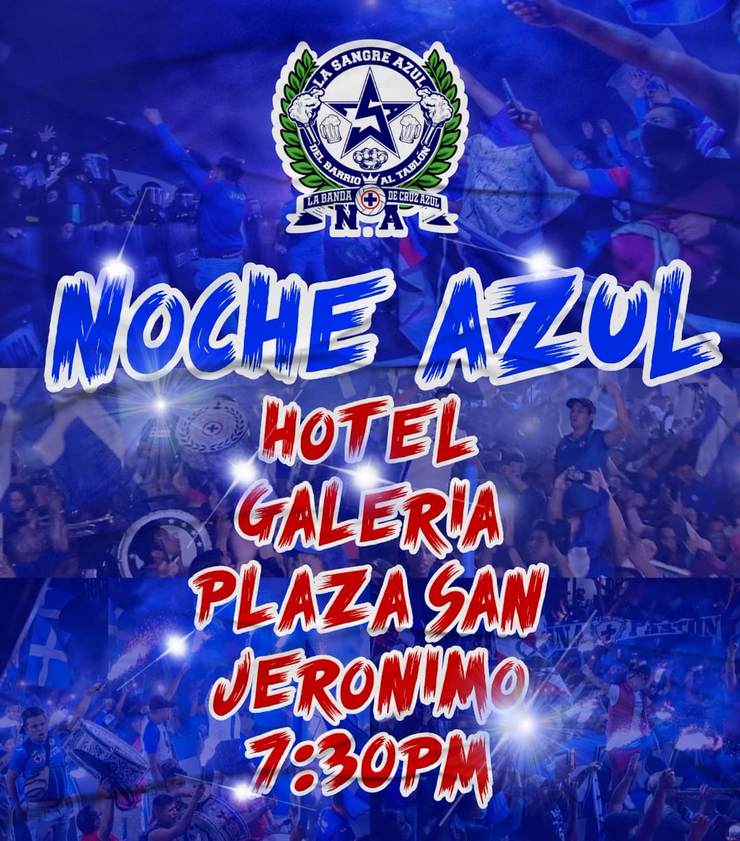 Se mueve el horario para la noche azul de hoy nos vemos desde las 7:30pm en el Hotel galería plaza san Jeronimo.
El Carnaval inicia 8:00 pm , los jugadores salen 8:10pm
Sigamos las indicaciones de la organización a cargo 
🇫🇮🤍💙

#LaSangreAzul 
#labandadecruzazul 
#CruzAzul