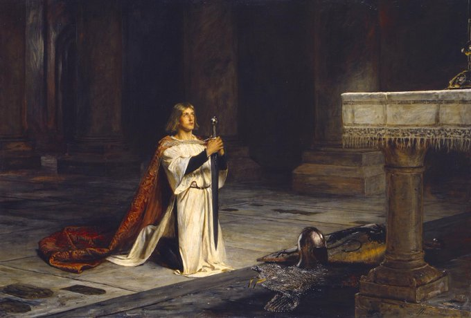 2. 'The Vigil' by John Pettie (1884)

Depicts a knight, possibly Sir Galahad, keeping vigil before receiving knighthood. This scene emphasizes the chivalric code and the spiritual preparation for serving King Arthur.