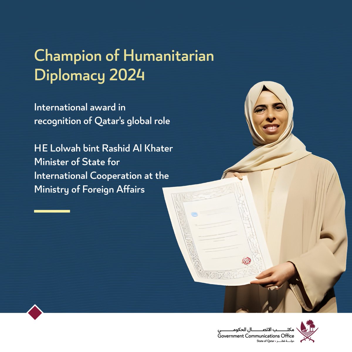 The State of #Qatar received the 2024 Champion of Humanitarian Diplomacy Award from the General Assembly of the Mediterranean Parliament in recognition of Qatar's active diplomacy in humanitarian aid and relief and its peace-making efforts. The award was received in Portugal by