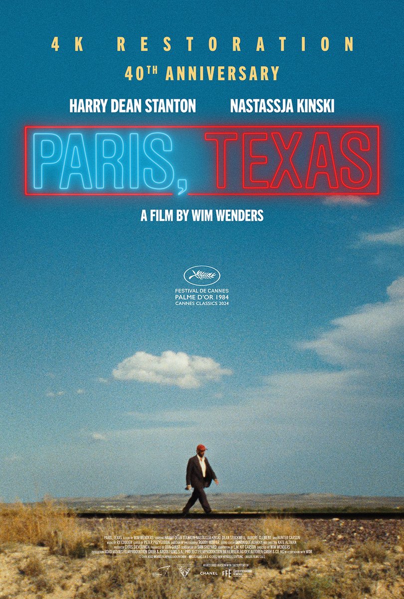 First look at the 40th anniversary 4K restoration poster for Paris, Texas. Premiering at @Festival_Cannes on May 24, the restoration was commissioned by the Wim Wenders Foundation under the supervision of Wim Wenders and with the collaboration of Argos Films.