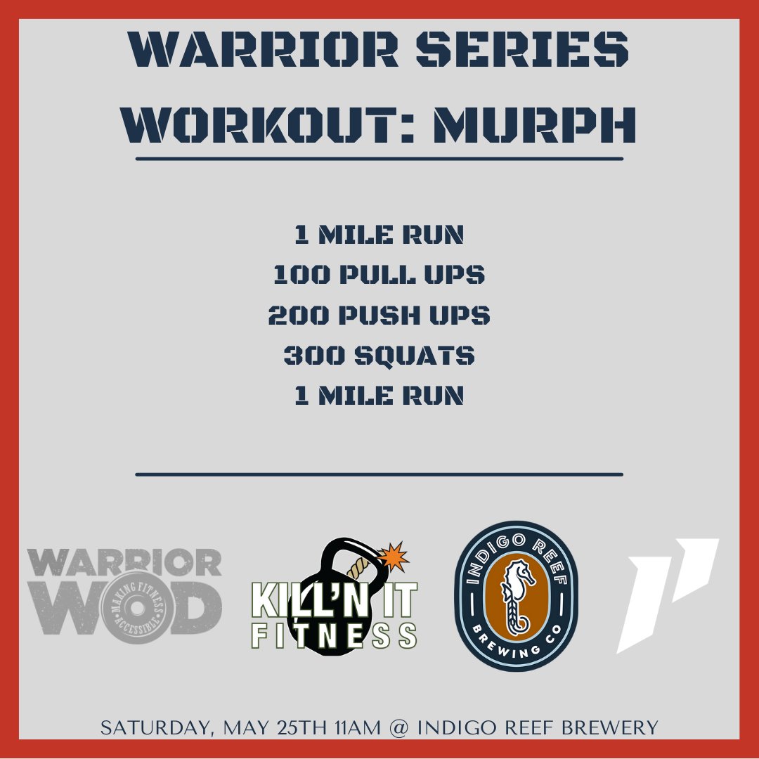 We are beyond excited to partner with the @killn_it_fitness for MURPH this year! Murph is a Hero WOD Honoring Navy Seal Lt Michael Murphy, who died in Afghanistan in 2005. This will be held at @indigoreefbrewing on May 25th at 11 am. We hope to see you there!!