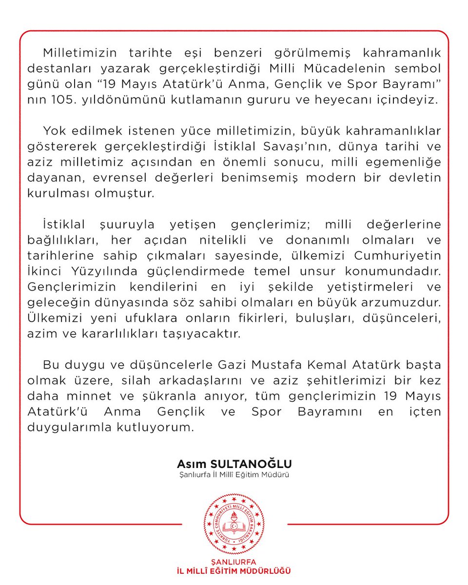 🇹🇷 İl Millî Eğitim Müdürü Asım Sultanoğlu’nun 19 Mayıs Atatürk’ü Anma,Gençlik ve Spor Bayramı Mesajı

<a href="/tcmeb/">Millî Eğitim Bakanlığı</a> 
<a href="/UrfaValiligi/">T.C. ŞANLIURFA VALİLİĞİ</a>