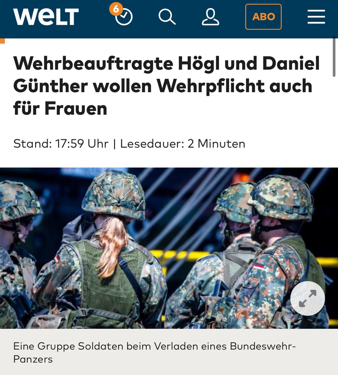„Die Bundestags-Wehrbeauftragte Eva Högl (SPD) und Schleswig-Holsteins Ministerpräsident Daniel Günther (CDU) haben sich für eine Wehrpflicht auch für junge Frauen ausgesprochen.“ welt.de/politik/deutsc… t.me/Rosenbusch