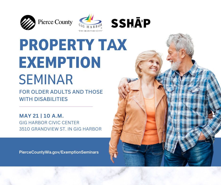 Join us next week for a Property Tax Exemption Seminar for low-income seniors and people with disabilities! 📅 Tuesday, May 21, 2024 🕙 10 a.m. 📍 Gig Harbor Civic Center, 3510 Grandview St. Secure your spot 👇 PierceCountyWa.gov/ExemptionSemin…